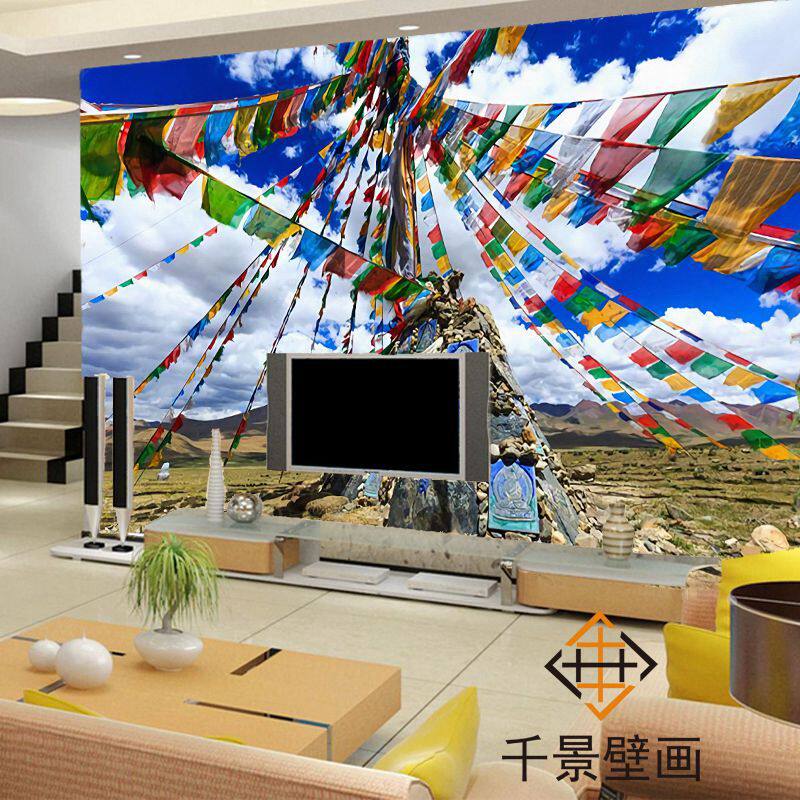 藏式经幡壁纸五彩风马旗西藏风景草原布拉达宫背景墙电视客厅壁画