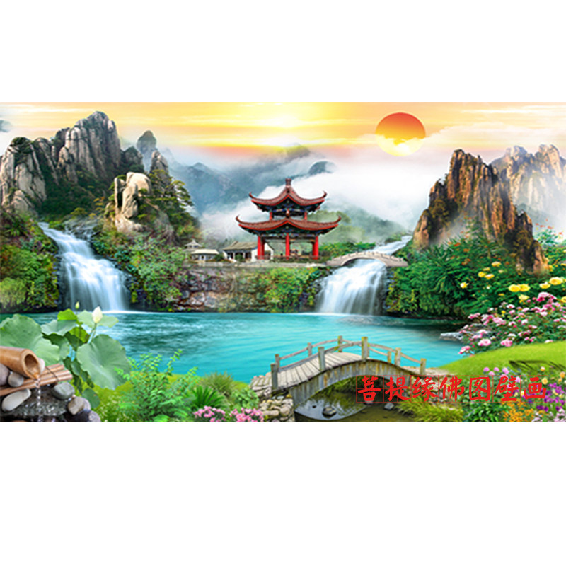 仙家堂口山水画流水生财小桥亭子仙堂无活动物有山有水风景墙布
