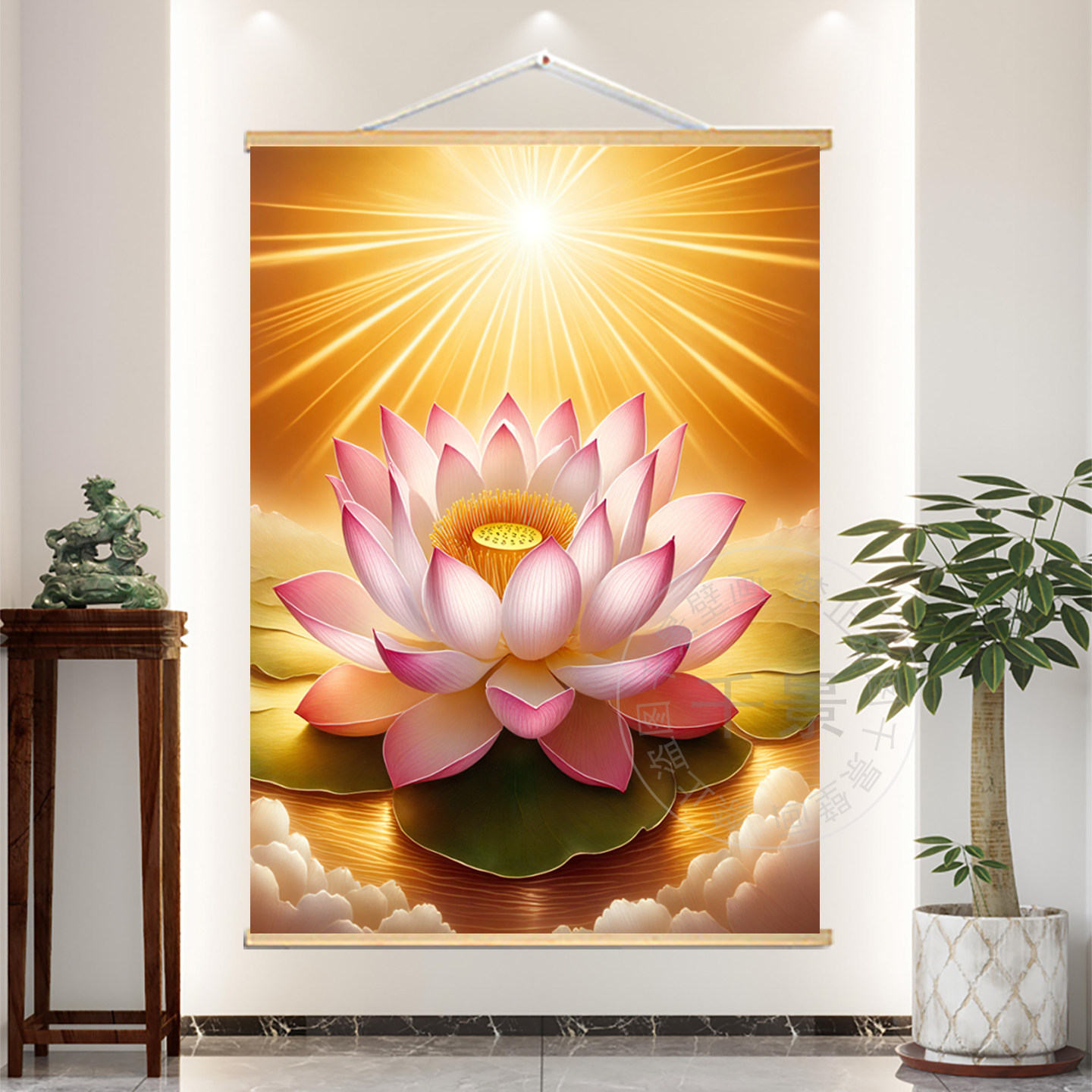 佛光荷花莲花墙壁挂画客厅走廊过道防水背景实木玄关寺庙禅室挂轴