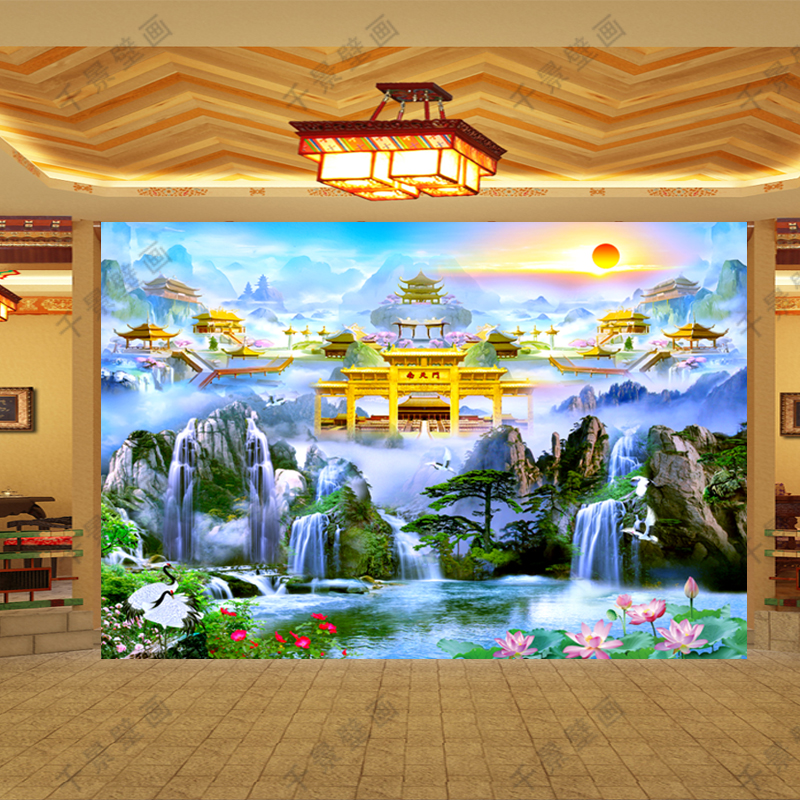 仙境天宫天庭南天门墙纸流水生财仙境墙纸神道佛堂聚财风景图壁画
