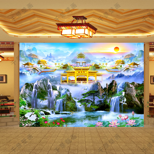 仙境天宫天庭南天门墙纸流水生财仙境墙纸神道佛堂聚财风景图壁画