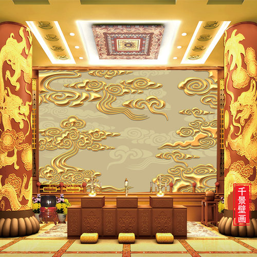 佛堂金色祥云图案壁纸中式客厅卧室壁龛背景墙布寺庙禅意神龛壁画