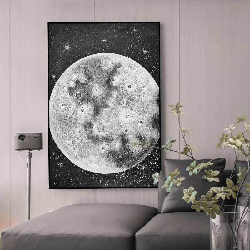 月球星空手绘油画儿童房装饰画砂岩立体画卧室客厅黑白简约沙发画图片