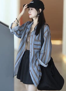 条纹衬衫女长袖夏季韩版拼色poLo领休闲百搭薄款防晒外套衬衣上衣