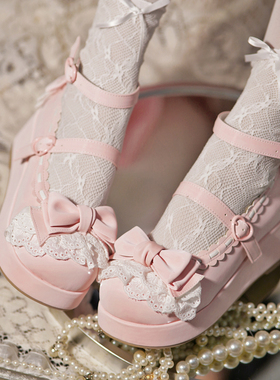 B品瑕疵奶奶糕久久洛丽塔Lolita原创厚底蕾丝蝴蝶结圆头公主单鞋