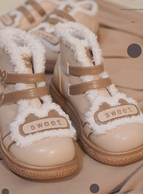 正品原创洛丽塔胖达绒绒秋冬Lolita甜美圆头棉鞋拼色爱心lo跑短靴