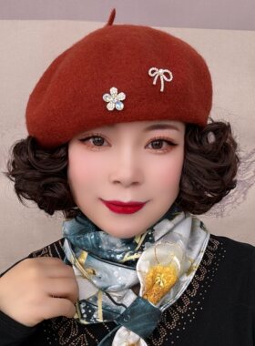 新品贝雷帽女秋冬帽子假发一体短卷发时尚减龄显脸小百搭假发套