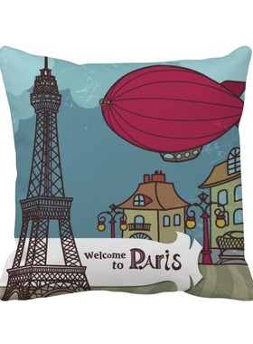 地标埃菲尔铁塔方形抱枕靠枕沙发靠垫双面含芯礼物学校幼儿园装饰