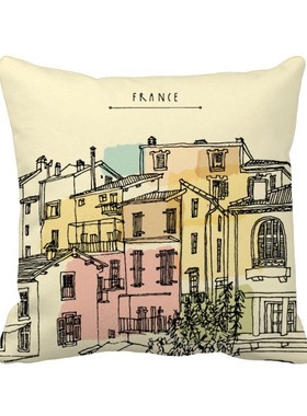 筑法国手绘插画方形抱枕靠枕沙发靠垫双面含芯礼物学校幼儿园装饰