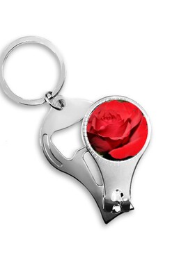 红色大花玫瑰汽车钥匙扣多功能指甲刀金属指甲剪圈环开瓶器挂件