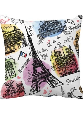 筑法国地标插画方形抱枕靠枕沙发靠垫双面含芯礼物学校幼儿园装饰