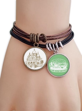 教堂国家地标风景素描插画双牌汉堡手链学校幼儿园装饰