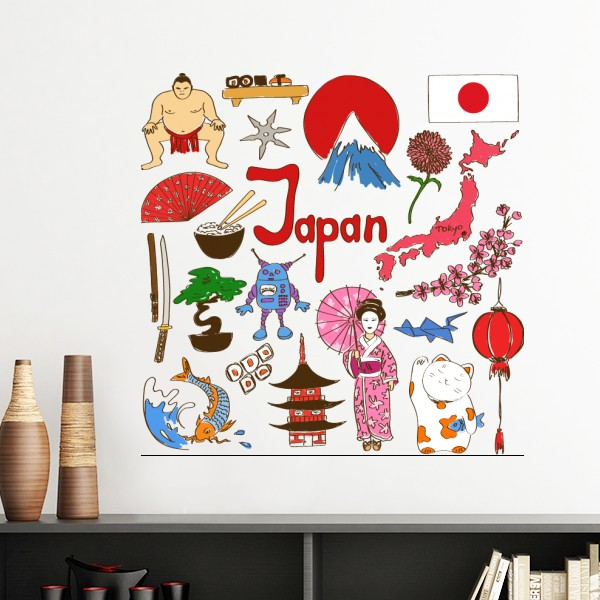 日本民俗地标国旗插画图案墙贴壁纸房间贴花学校幼儿园装饰