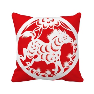 发靠垫双面含芯礼物午马年十二生肖红剪纸方形抱枕学校幼儿园装饰