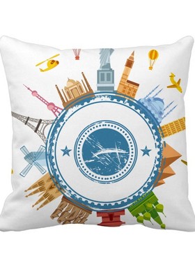 景城市国家插画方形抱枕靠枕沙发靠垫双面含芯礼物学校幼儿园装饰