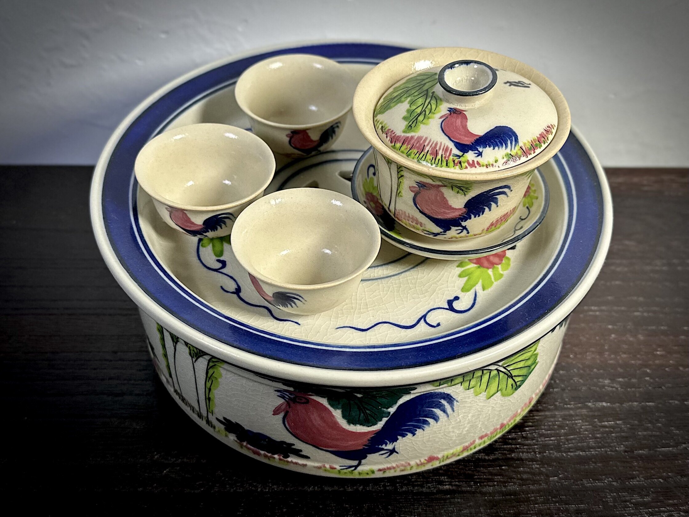 特价/潮州功夫茶具茶文化开片冰裂釉下五彩公鸡茶盘套装 值得收藏
