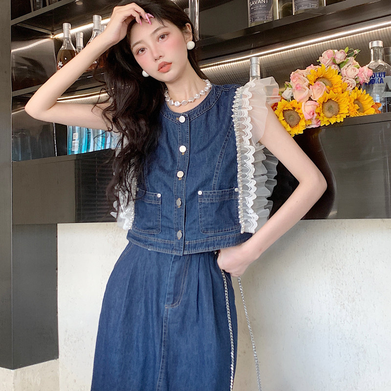 钉珠蕾丝牛仔连衣裙套装两件套女