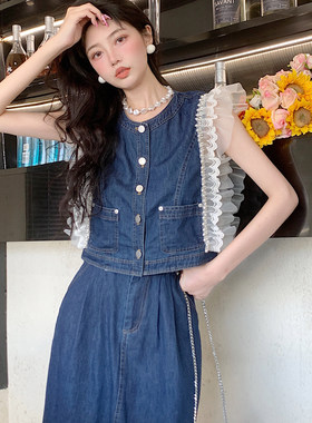 钉珠蕾丝牛仔连衣裙套装两件套女