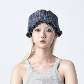 YEZI 秋冬做旧风弹力针织帽女旧蓝色宽松保暖毛线帽潮围脖两用