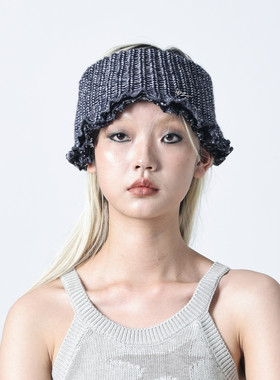 YEZI OD 秋冬做旧风弹力针织帽女旧蓝色宽松保暖毛线帽潮围脖两用