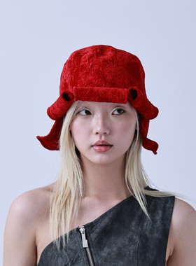 YEZI OD 复古红色渔夫帽女独特好看花瓣设计春夏个性可爱卷边帽子