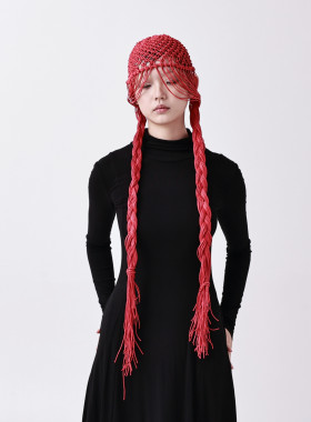 YEZI OD 原创复古红色流苏帽子女设计师手工编织镂空头饰独特个性