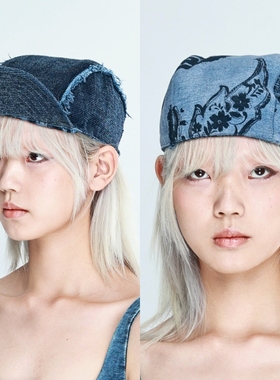 YEZI OD 蓝色重工印花牛仔帽双面戴复古棒球帽软顶鸭舌帽男女同款