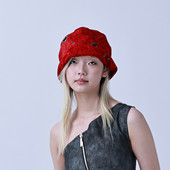 YEZI 红色大头围渔夫帽女金属环扣透气盆帽显脸小百搭水桶帽子