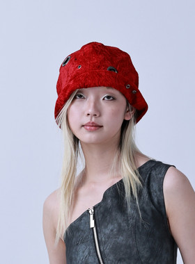 YEZI OD 红色大头围渔夫帽女金属环扣透气盆帽显脸小百搭水桶帽子