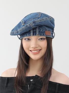 YEZI OD 设计师秋冬蓝色牛仔贝雷帽女做旧洗水复古时尚百搭画家帽