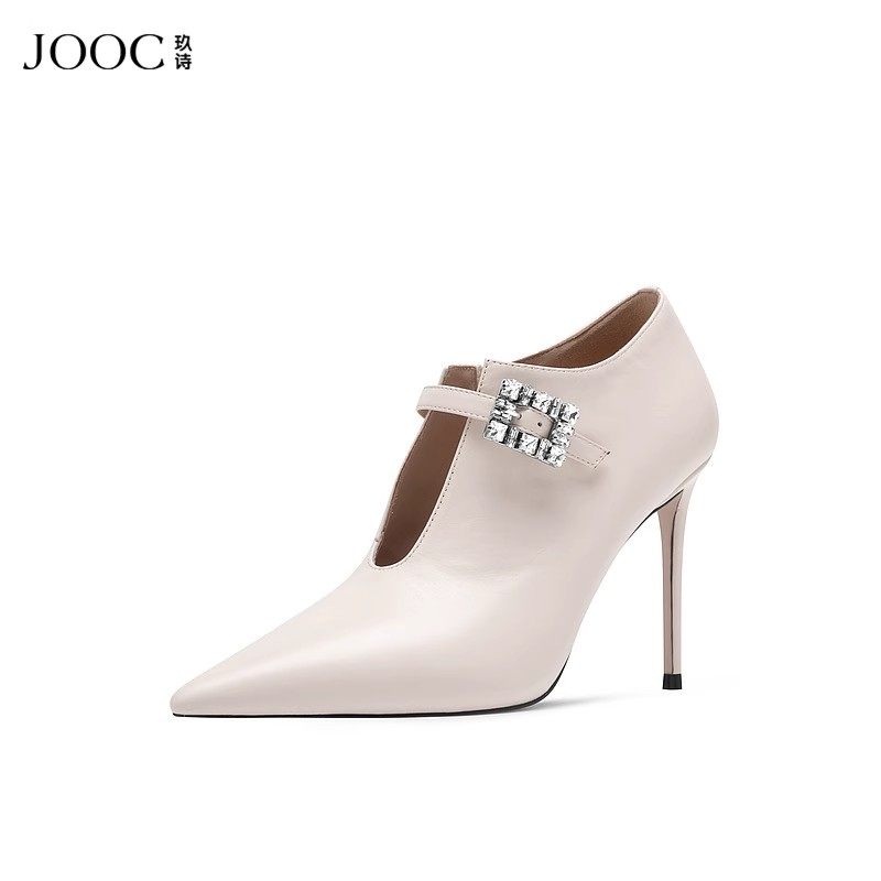 JOOC玖诗秋冬新款胎牛皮尖头短靴细高跟鞋气质深口女鞋踝靴
