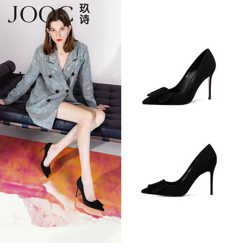JOOC春季新款高跟鞋女细真皮方扣