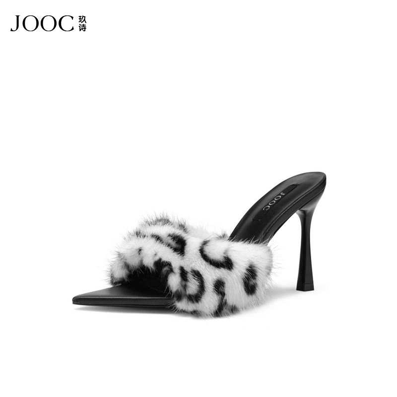 【秀场名媛】JOOC玖诗尖头凉拖鞋女2026夏季新款性感水貂毛高跟鞋