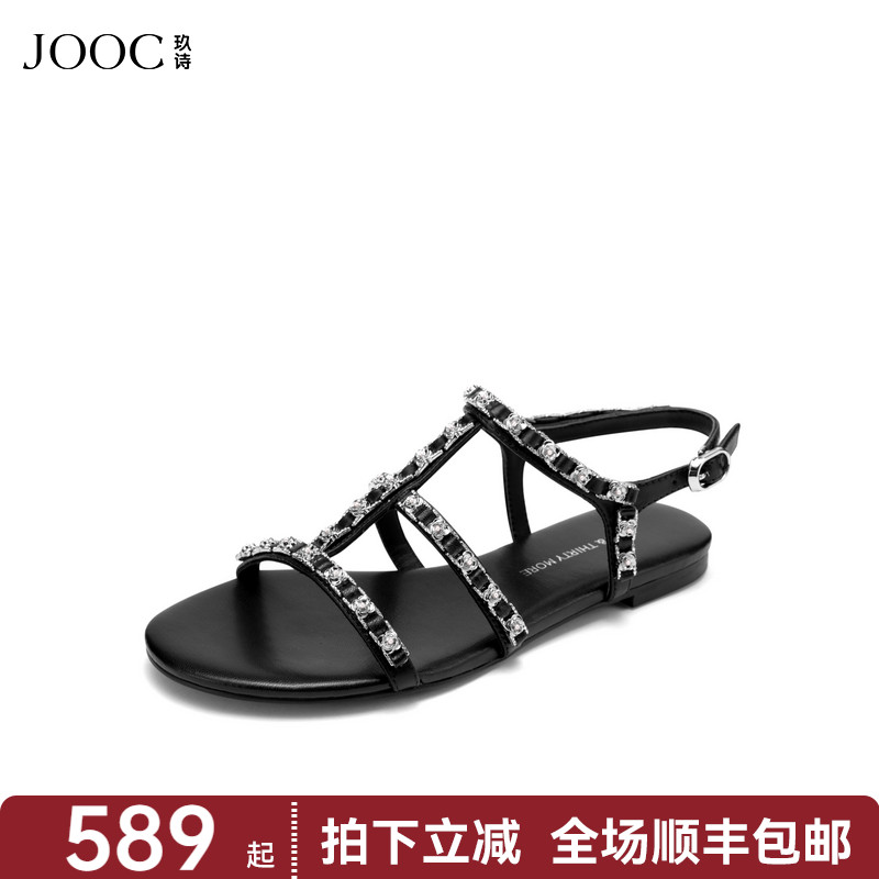 JOOC玖诗黑色平底鞋女2025夏季新款休闲百搭一字带法式复古凉鞋女