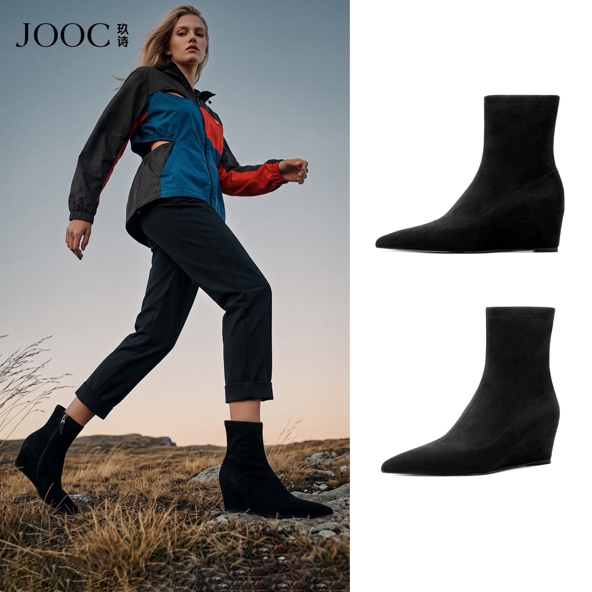 【双11预售】JOOC玖诗2026秋冬新款尖头坡跟瘦瘦靴女黑色绒面短靴