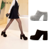 设计穆勒鞋 女2026春季 新款 JOOC玖诗粗高跟时尚 性感包头毛毛半拖鞋