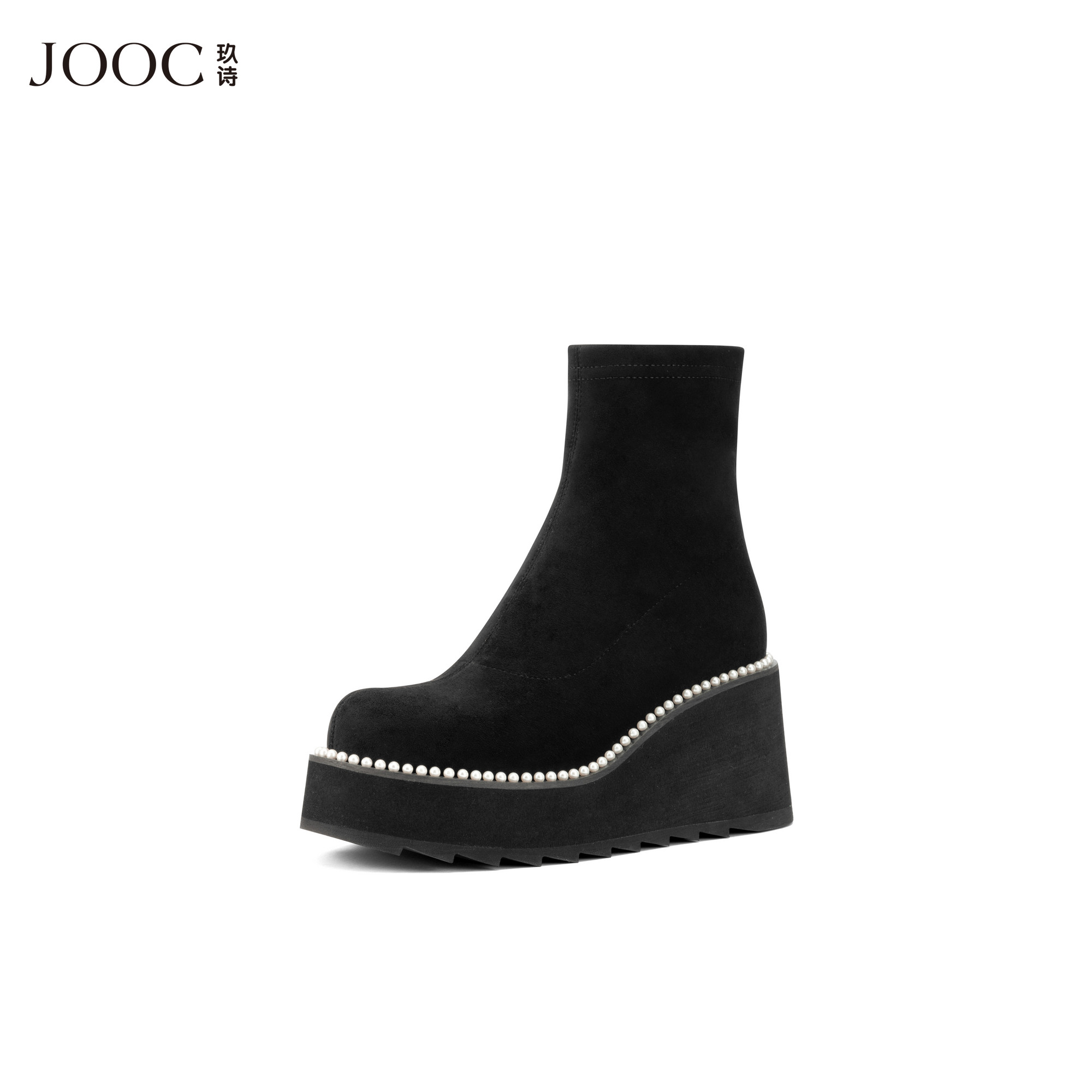 【优雅天生】JOOC玖诗珍珠点缀厚底短靴女2025冬季新款坡跟弹力靴