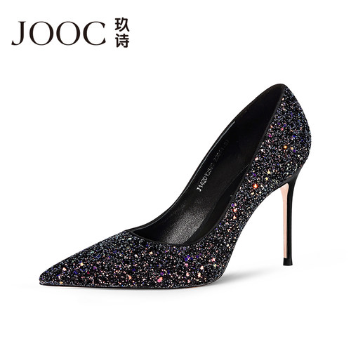 JOOC春季新款尖头亮片高跟鞋性感