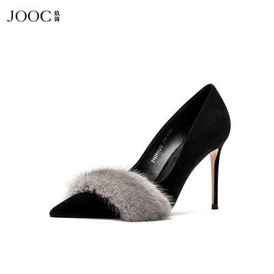 JOOC玖诗细跟高跟鞋2025当季热卖水貂毛气质单鞋尖头浅口名媛女鞋
