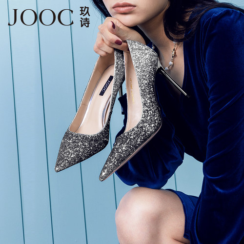 JOOC亮片高跟鞋女细新款尖头