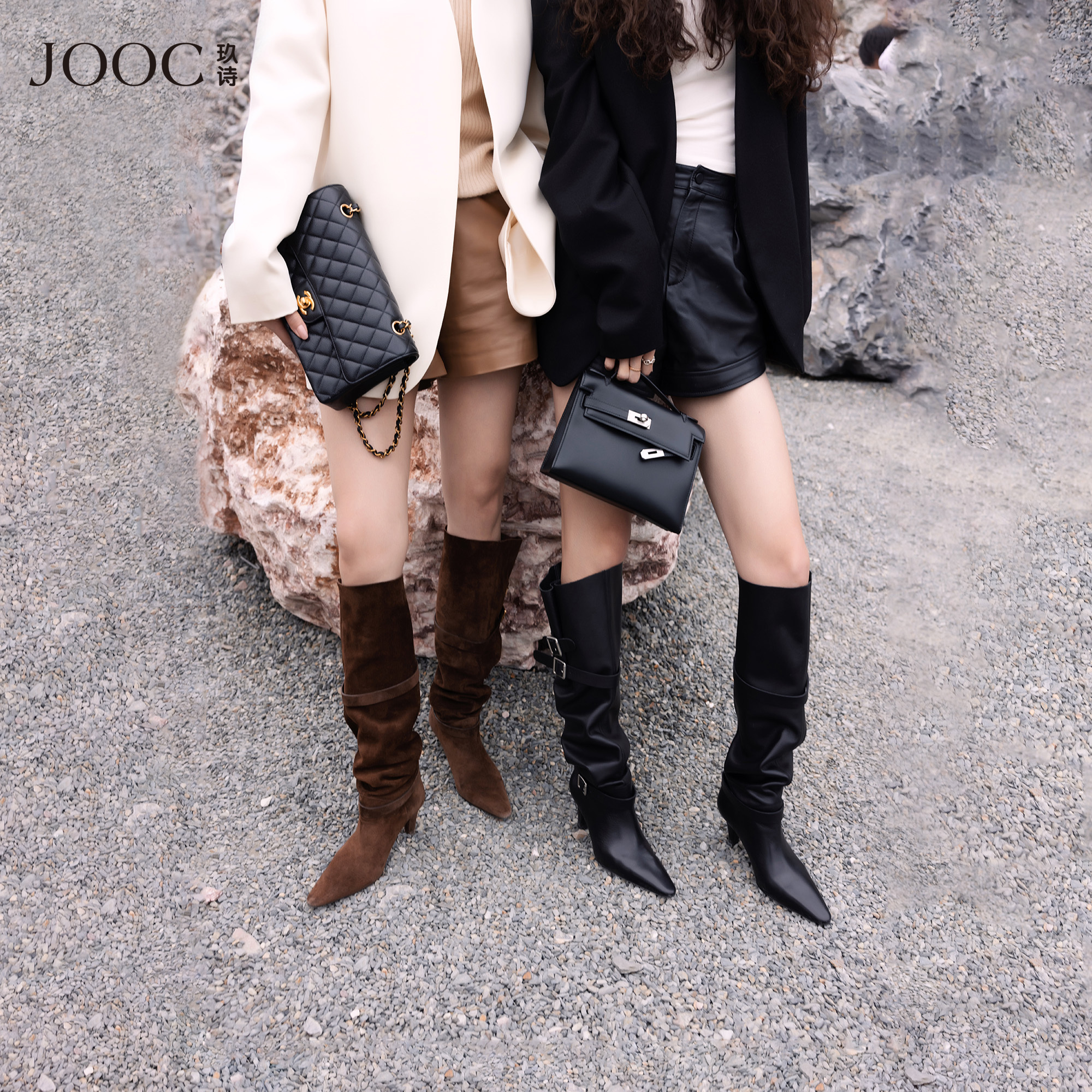 【无序美学】JOOC玖诗显瘦长靴女堆堆靴2025秋冬新款褶皱弹力潮靴