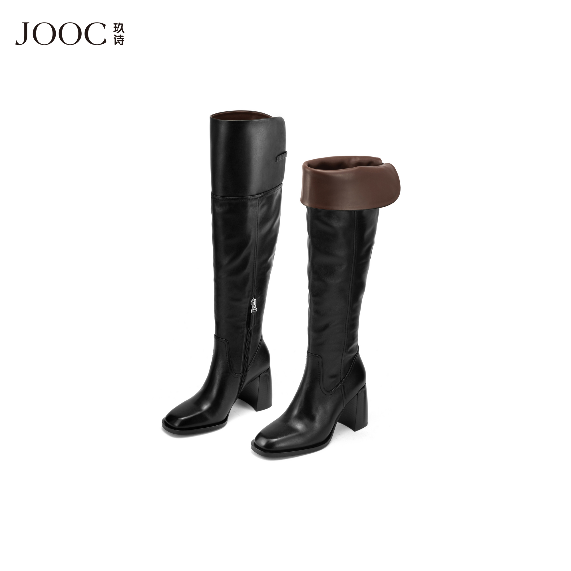 JOOC玖诗粗高跟复古骑士靴女2025秋冬新款增高气质长靴真皮长筒靴