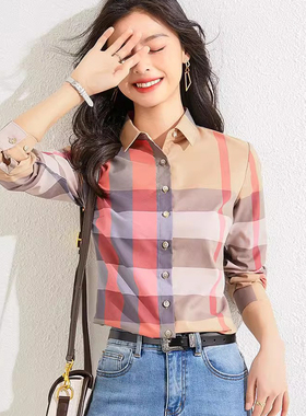 春秋款女上衣高档单穿小个子短款外穿时尚洋气小衫英伦风格子衬衫