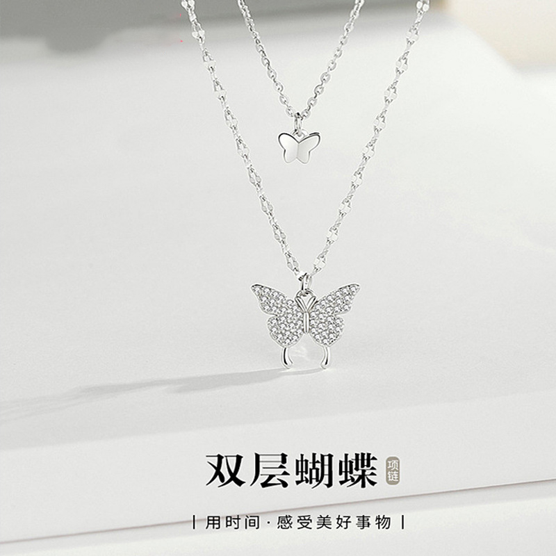 S999纯银双层蝴蝶项链抖音同款