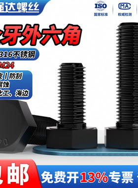 QD黑色316不锈钢全牙外六角螺丝钉加长螺栓M3M4M5M6M8M10M12-M24