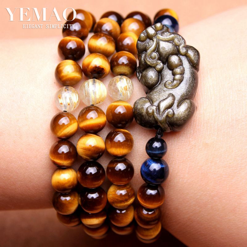 天然虎眼石手链黄虎眼蓝虎睛石木纹石闪电纹多圈貔貅手串情侣佛珠