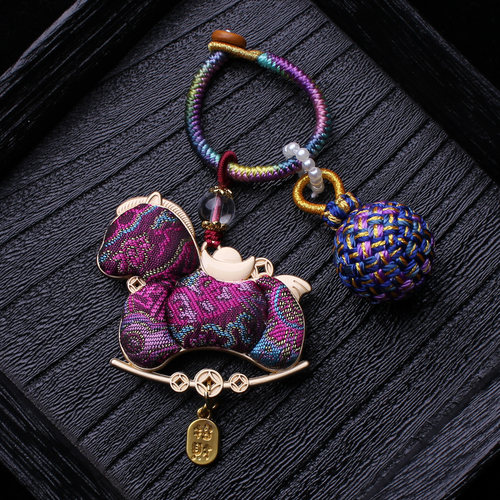 非遗宋锦紫色双面小马编织有球必应包包挂件旗袍汉服挂饰车钥匙坠