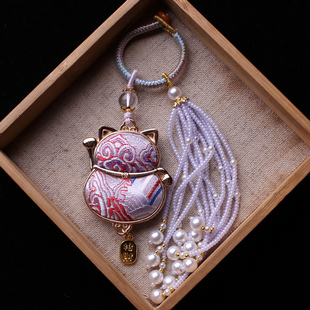 非遗成品宋锦招财猫米白挂件流苏包挂古风汉服挂饰车挂配饰钥匙扣