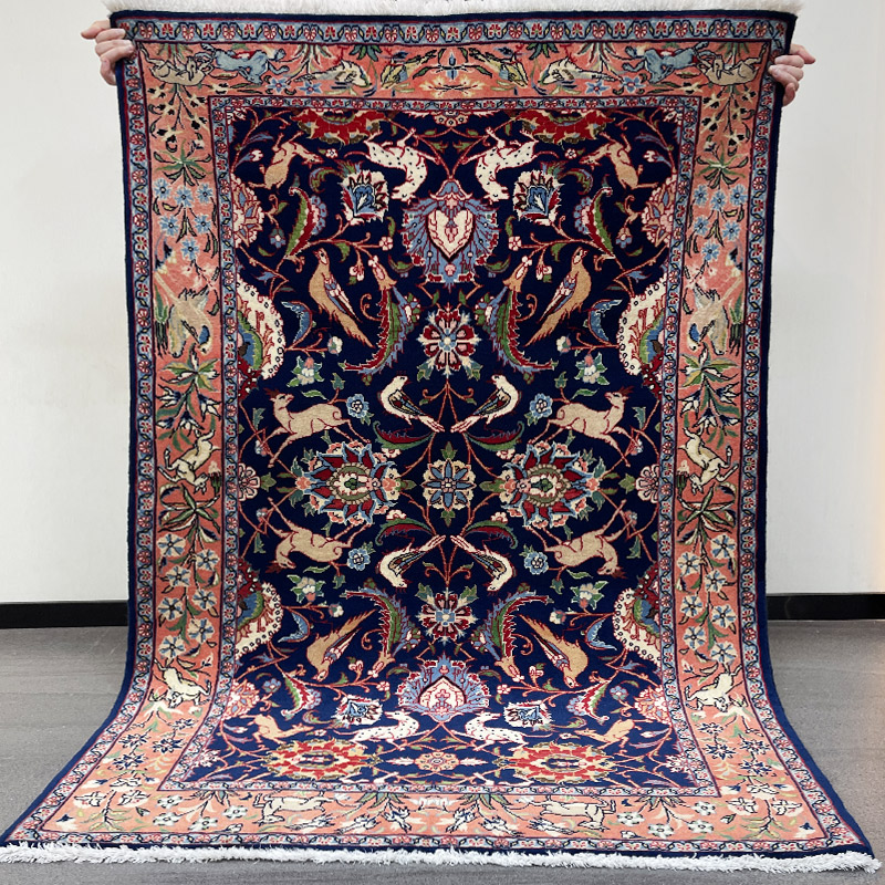 784  伊朗进口 100X145CM 手工打结纯羊毛红床边毯卧室波斯蓝地毯