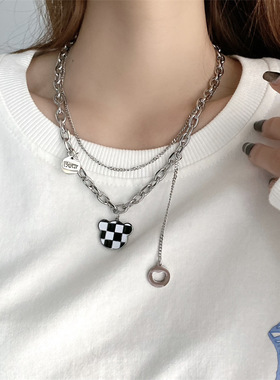 双层小熊棋盘格卫衣项链女ins潮嘻哈毛衣链女秋冬钛钢不掉色配饰